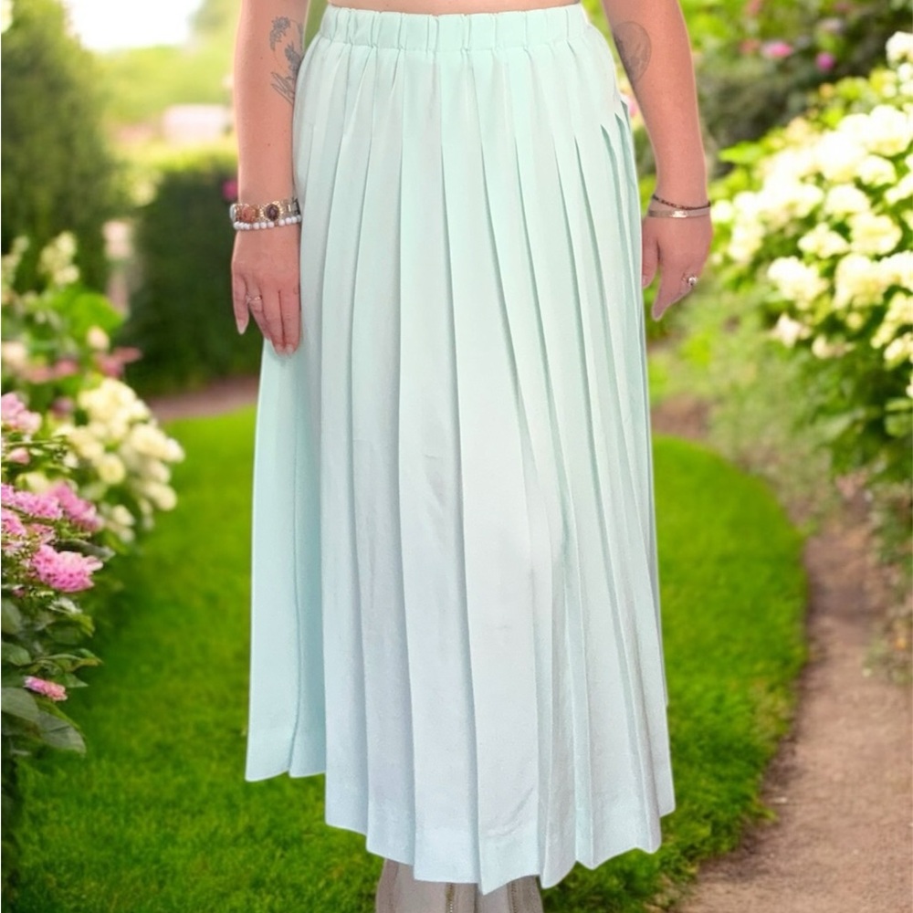 VTG Susan Bristol New Traditions Pleated Mint Midi Skirt Medium Made in USA - Picture 1 of 7